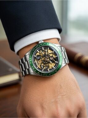 Invicta Green Bezel Skeleton Dial Stainless Steel Men’s Watch